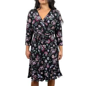 Leota Black Floral Faux Wrap Dress
